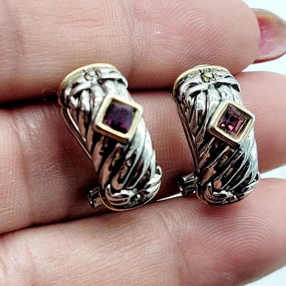 Two Toned Mixed Metal Amethyst Glass Earrings Silver & Gold Tone Well Made 3/4